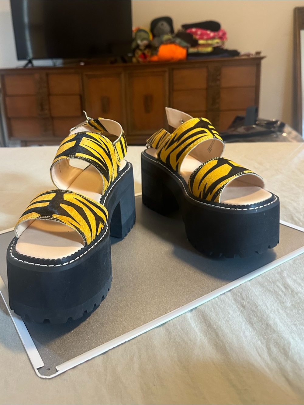 Urban Outfitters Yellow and Black Tiger-Print Platform Sandals